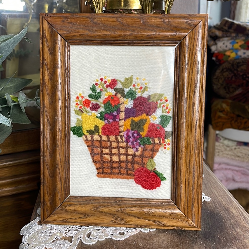 Crewel Handmade Floral  & Fruit Basket Framed 7x9” Vintage MCM